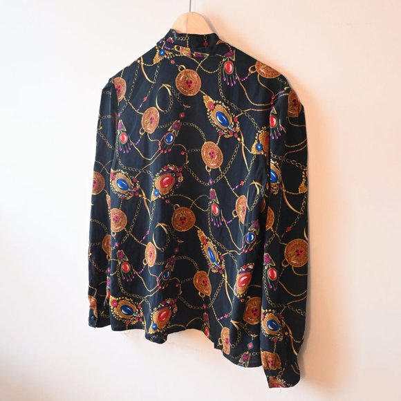 Vintage Marlis Secretary Blouse Black Retro Chain Print Pattern 12 - Picture 3 of 4